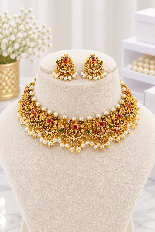Devika elephant Lakshmi AD pearl necklace set with matching earrings