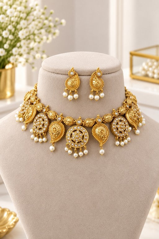 Devika heritage temple-inspired bridal choker necklace set with pearl drops and matching earrings in pearl white