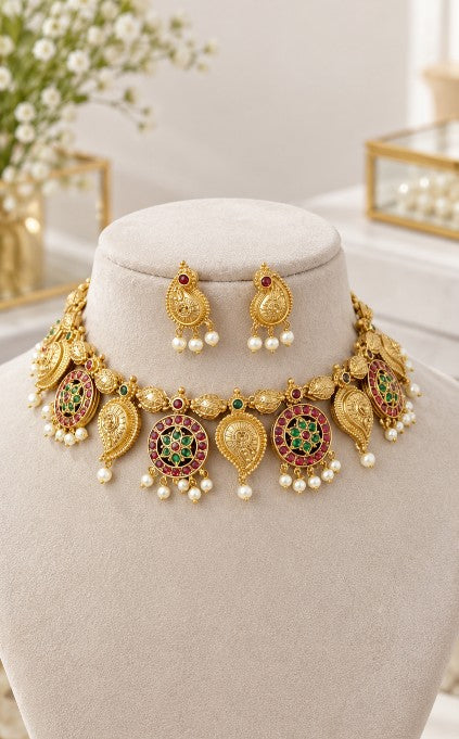Devika ruby and emerald multicolor traditional Indian bridal choker necklace set with pearl drops