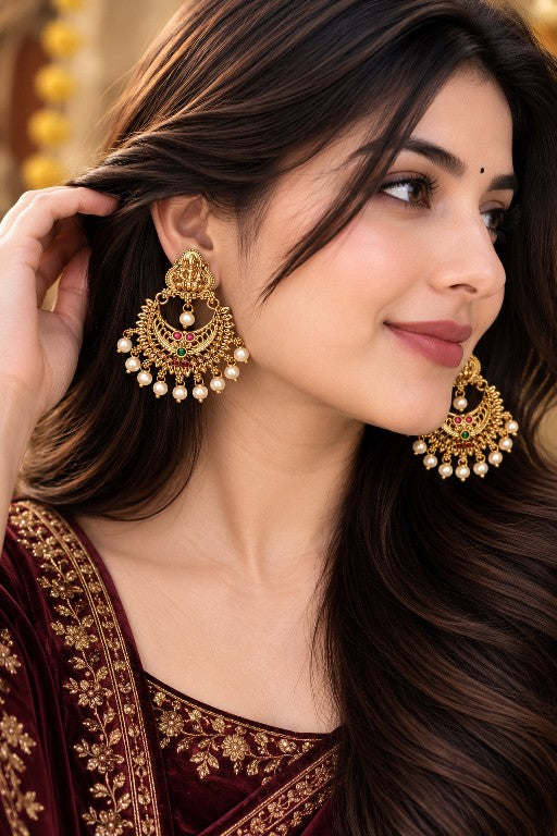 Woman wearing Devika premium brass Lakshmi Chandbali earrings with pearl drops in gold finish