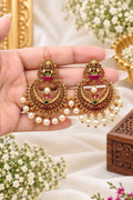 Devika premium brass Lakshmi Chandbali earrings with pearl drops in Mehendi finish