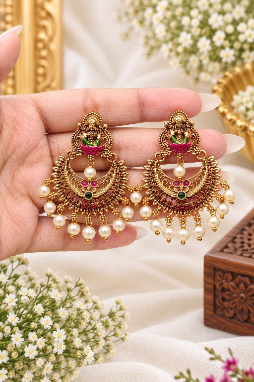 Devika premium brass Lakshmi Chandbali earrings with pearl drops in Mehendi finish
