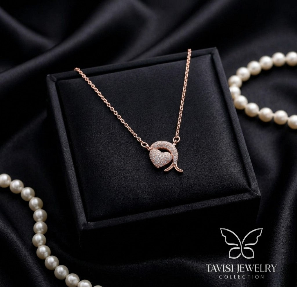 Dolphin Heart Pendant Chain in Rose Gold with CZ stones - Tavisi Jewelry Collection