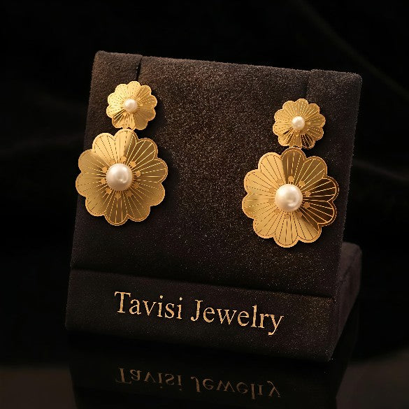 Tavisi dual floral pearl drop earrings with 22k gold plated anti tarnish stainless steel finish for women