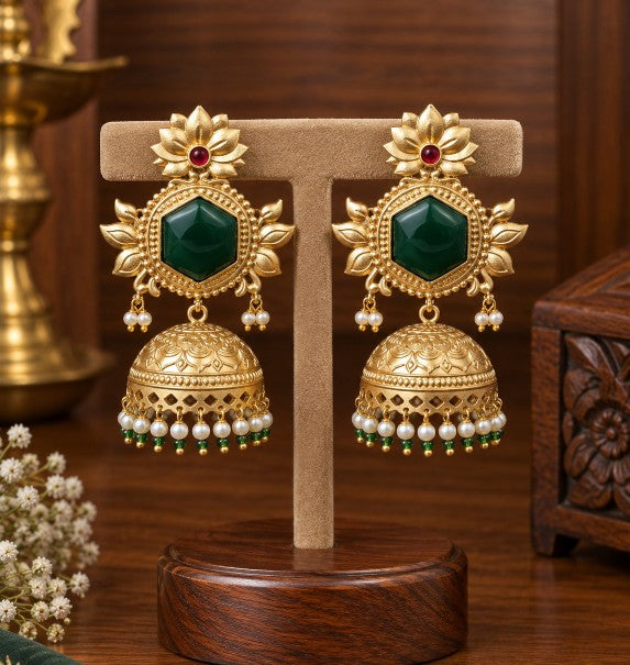 Elviana green Monalisa lotus jhumka earrings with gold-tone finish and pearl drops