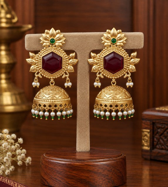 Elviana Premium lotus Monalisa jhumka earrings with green stone and pearl detailing