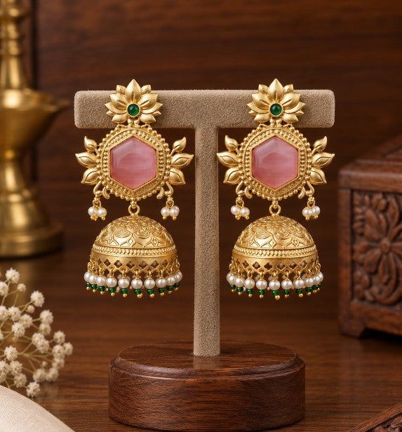 Elviana pink Monalisa lotus jhumka earrings with lotus-inspired floral design