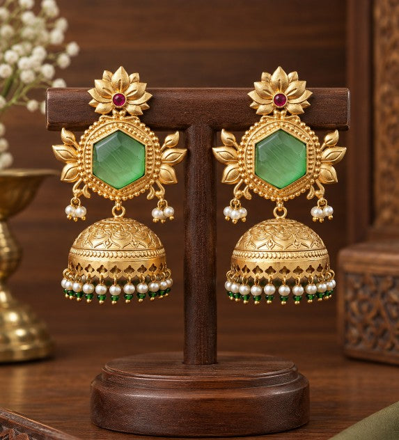 Elviana ruby red Monalisa lotus jhumka earrings with decorative pearl detailing