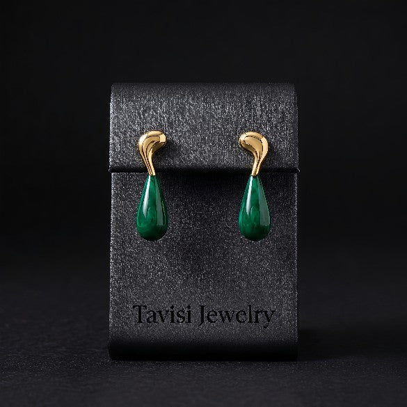 Tavisi emerald drop gold hoop earrings with 22k gold plated surgical stainless steel finish for women
