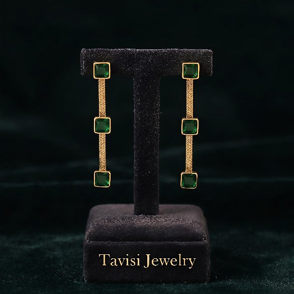 Tavisi emerald line CZ drop earrings with green cubic zirconia stones and 22k gold plated anti tarnish stainless steel finish for women