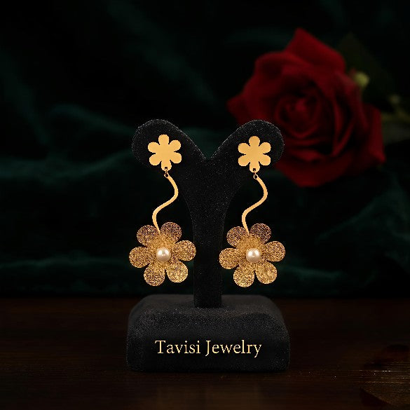Tavisi floral pearl gold drop earrings with pearl accents and 22k gold plated anti tarnish stainless steel finish for women