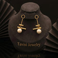 Tavisi geometric bar pearl drop earrings with 22k gold plated anti tarnish stainless steel finish for women