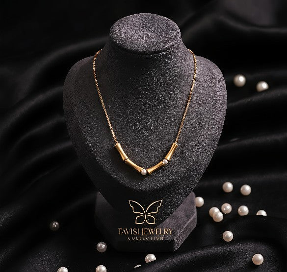 Gold Bamboo Pearl Necklace worn by model - Tavisi Jewelry Collection