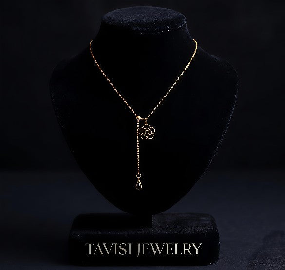 Gold Black Flower Pendant Necklace worn by model - Tavisi Jewelry Collection