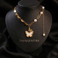 Gold Butterfly Pearl Charm Necklace with Crystal Drop worn by model - Tavisi Jewelry Collection
