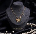 Gold Crystal Butterfly Pendant Necklace worn by model - Tavisi Jewelry Collection