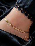 Gold Herringbone Anklet on model – anti tarnish premium jewellery by Tavisi Jewely