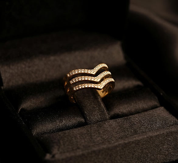 Close-up of Gold Layered V CZ Ring with premium CZ stones – luxury women jewellery by Tavisi Jewelry