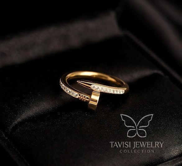 Gold Nail Design CZ Ring with sparkling stones – elegant women ring by Tavisi Jewelry