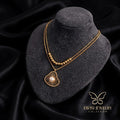 Gold Pearl Fan Layered Necklace with Dual Chain worn by model - Tavisi Jewelry Collection