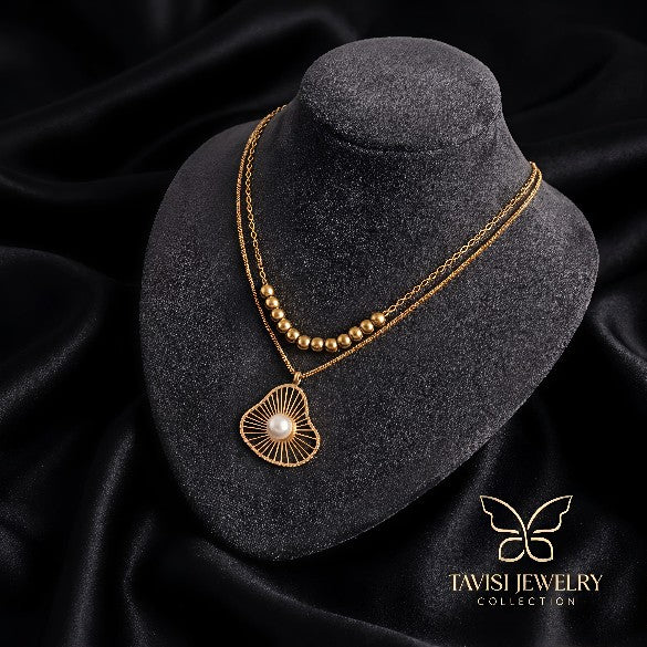 Gold Pearl Fan Layered Necklace with Dual Chain worn by model - Tavisi Jewelry Collection