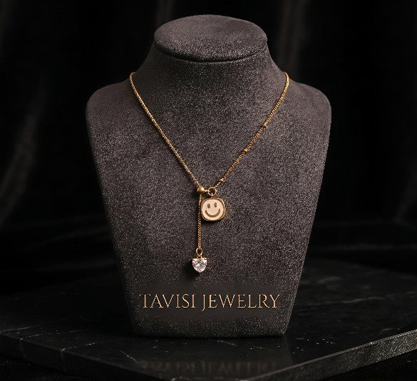 Gold Smiley Pendant Necklace with Heart Crystal Drop 316L Surgical Steel - Tavisi Jewelry Collection