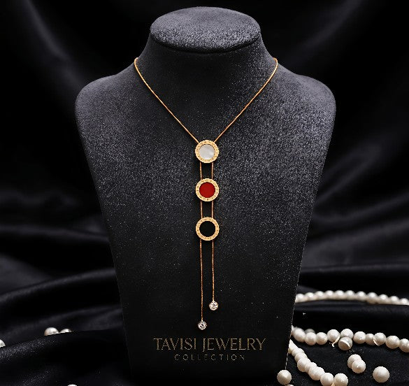 Gold Triple Disc Drop Necklace with White Red Black AD Stones worn by model - Tavisi Jewelry Collection
