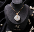 Gold White Round Stone Chain Pendant Necklace worn by model - Tavisi Jewelry Collection