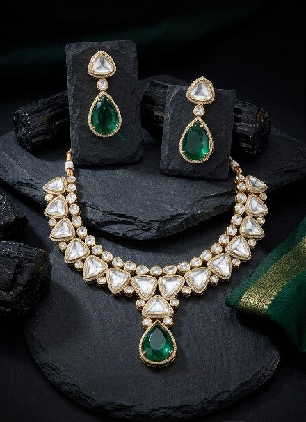 Premium brass green AD Kundan statement necklace front view.