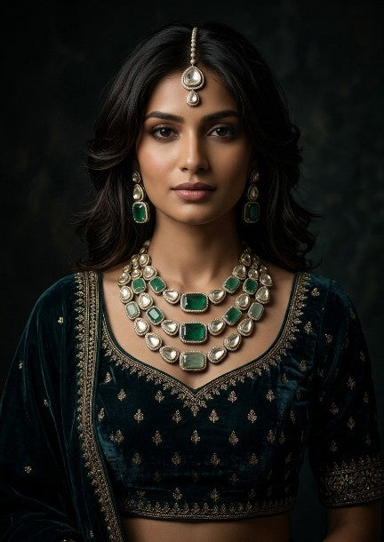 Luxury Sabyasachi inspired emerald green bridal jewelry set for weddings.