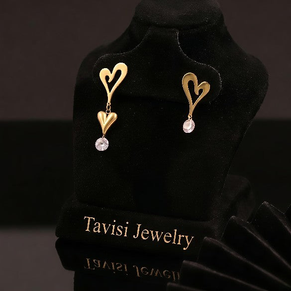 Tavisi heart drop hoop earrings with AD stones and 22k gold plated anti tarnish stainless steel finish for women