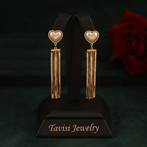 Tavisi heart pearl tassel drop earrings in stainless steel with 22k gold anti tarnish finish for women