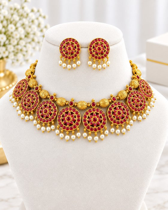 Premium brass Kemp Temple Jewelry necklace and matching pearl earrings