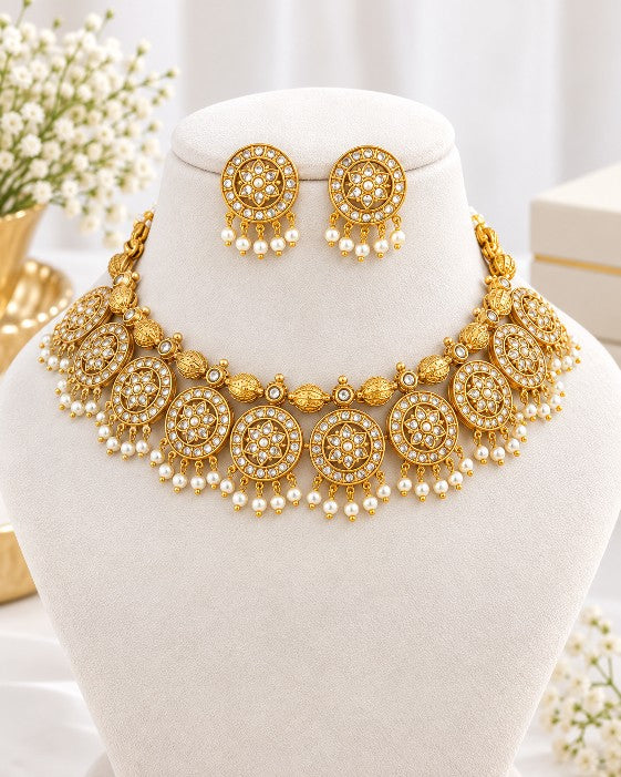 Premium brass red and green Kemp Temple Jewelry necklace and earring set with pearl drops
