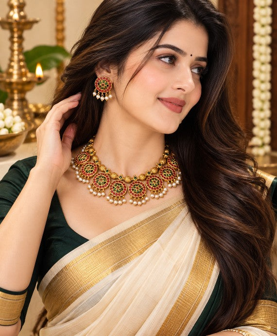 Iraja premium brass Kemp Temple Jewelry necklace and earring set with red green Kemp stones and pearl drops