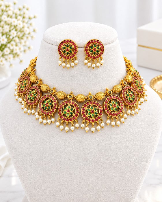 Red and green Kemp necklace and earring set with pearl detailing