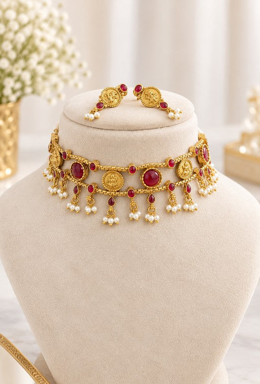 Antique gold layered coin choker necklace set with green stone detailing and pearl drops