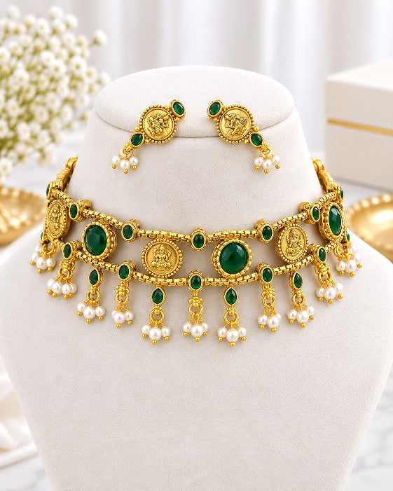 Ishani antique gold layered coin choker necklace set with pearl drops