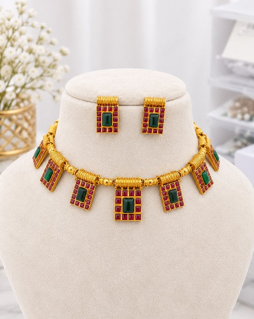 Ishani green and ruby traditional necklace set with matching earrings