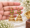 Ishani premium brass red green enamel jhumka earrings with decorative pearl drops