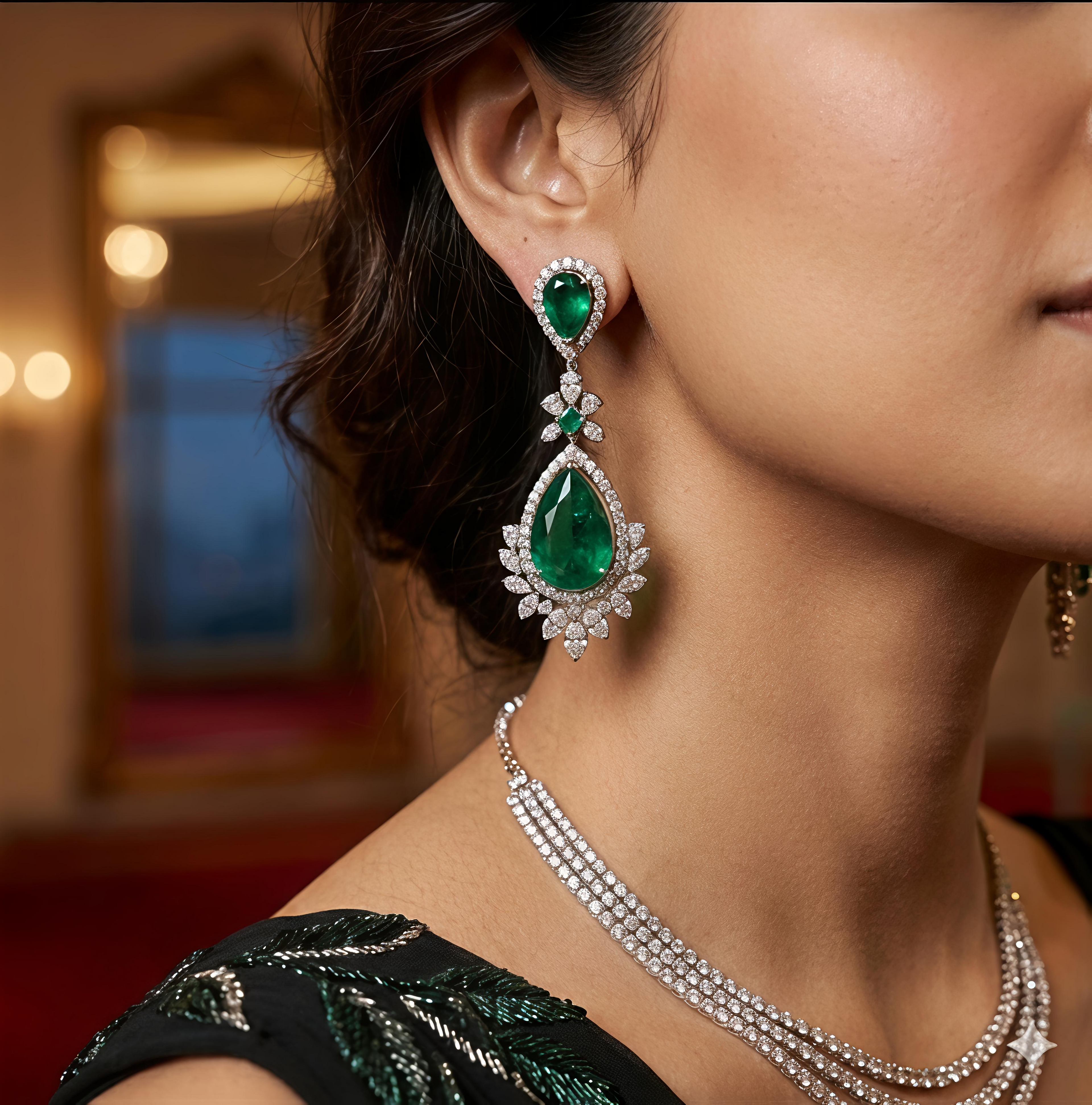 Detailed view of Tavisi Kiara Green Drops AD Dangler Earrings with sparkling American Diamond stones and graceful dangling design.