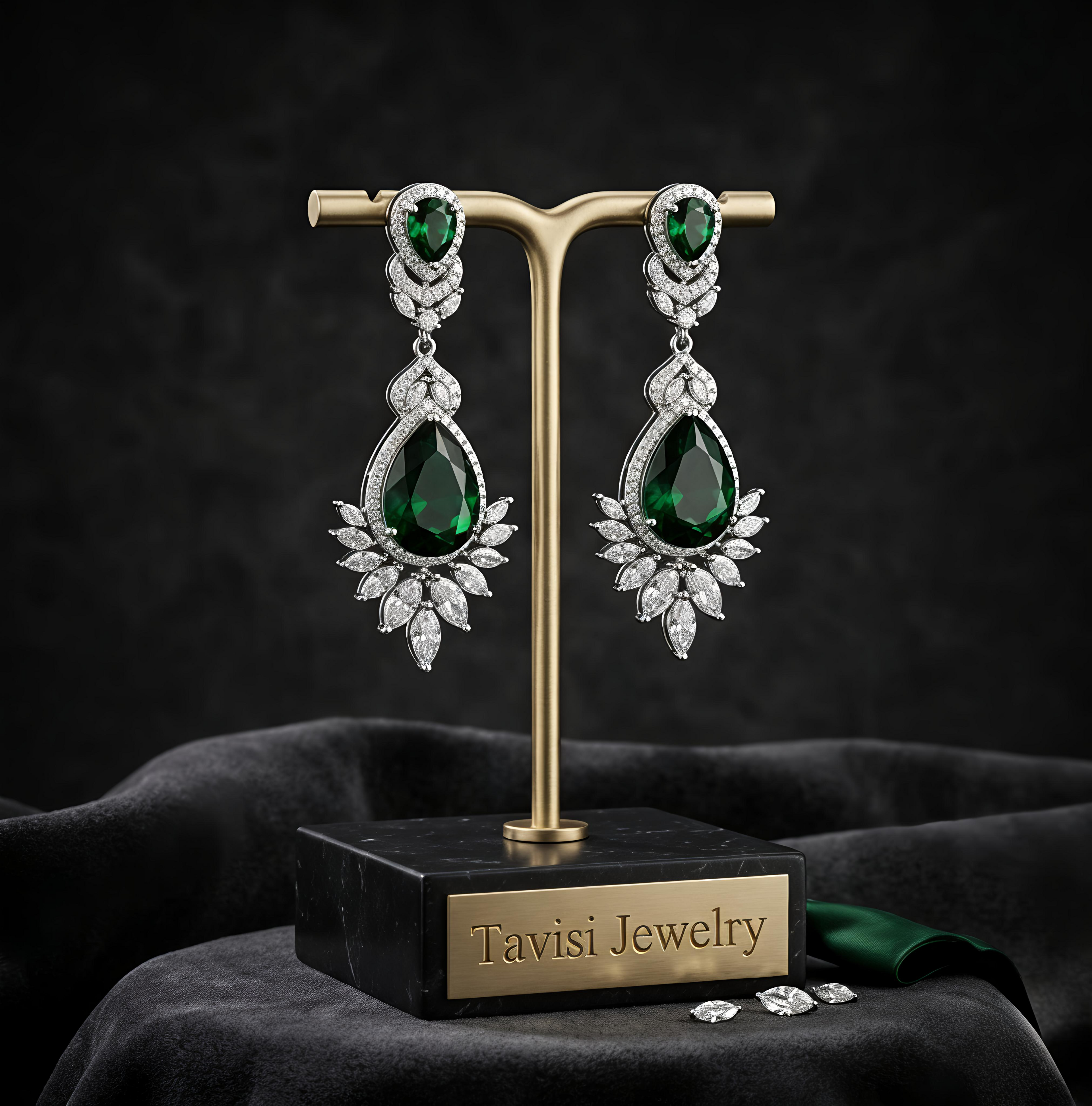 Tavisi Kiara Green Drops AD Dangler Earrings featuring sparkling American Diamond stones and elegant green teardrop stones.