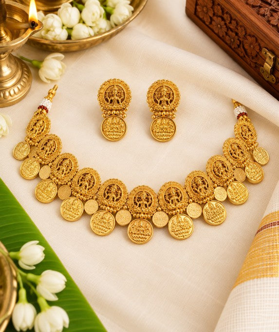 Lakshmi coin premium jewellery necklace set with matching earrings in antique gold finish