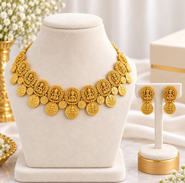 Lakshmi coin premium jewellery set in antique gold South Indian temple jewellery style
