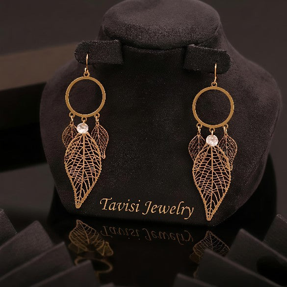Tavisi leaf drop hoop earrings with 22k gold plated anti tarnish stainless steel finish for women
