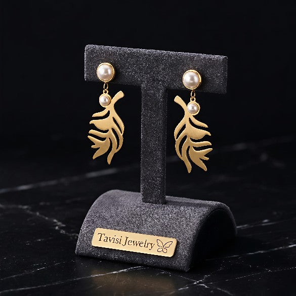 Tavisi leaf pearl drop earrings with pearl stones and 22k gold plated anti tarnish stainless steel finish for women