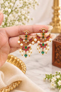 Madhulika premium brass floral pearl earrings with pink green stones and pearl drops