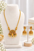 Mayura Antique Gold peacock pendant necklace set with heavy-work pearl jhumka earrings