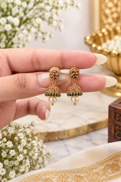 Meenakshi mini AD stone pearl jhumka earrings with pink green floral detailing