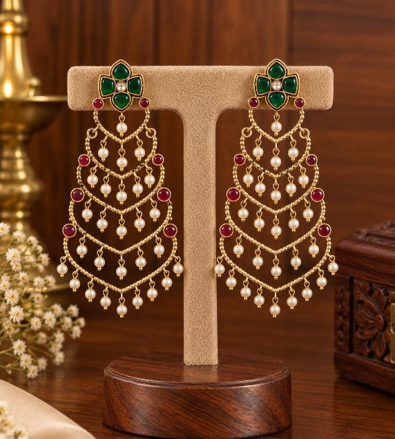 Meher Kundan Pearl cascading dangler earrings with layered pearl drops